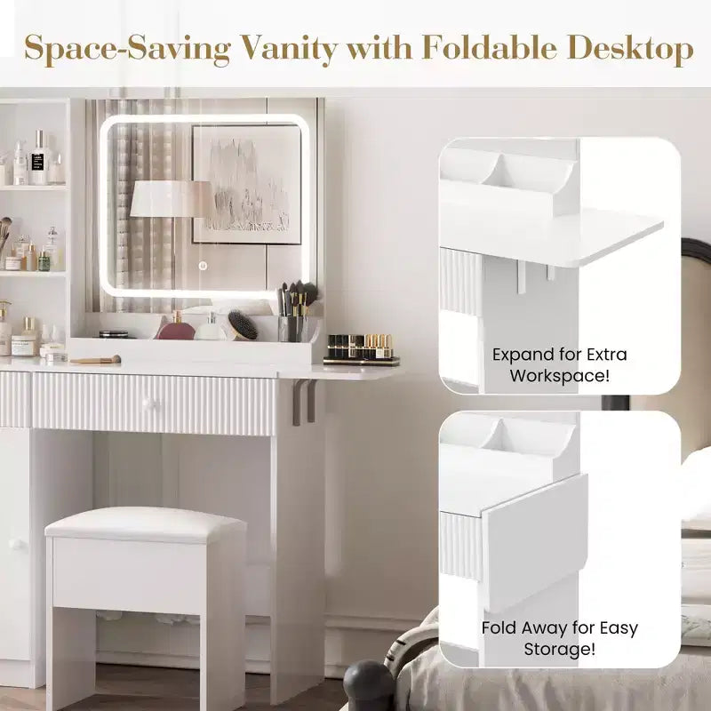 Vanity Desk with Mirror and Lights, Power Outlets Makeup Table with Drawers & Cabinet