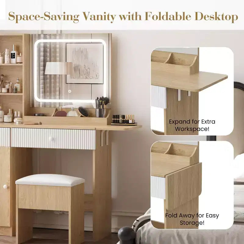 Vanity Desk with Mirror and Lights, Power Outlets Makeup Table with Drawers & Cabinet