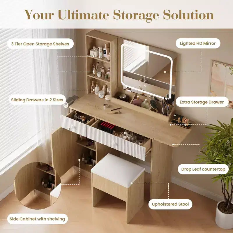 Vanity Desk with Mirror and Lights, Power Outlets Makeup Table with Drawers & Cabinet