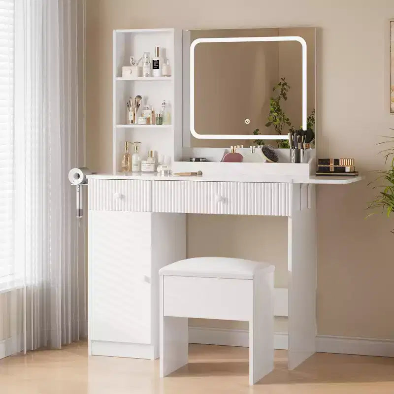 Vanity Desk with Mirror and Lights, Power Outlets Makeup Table with Drawers & Cabinet