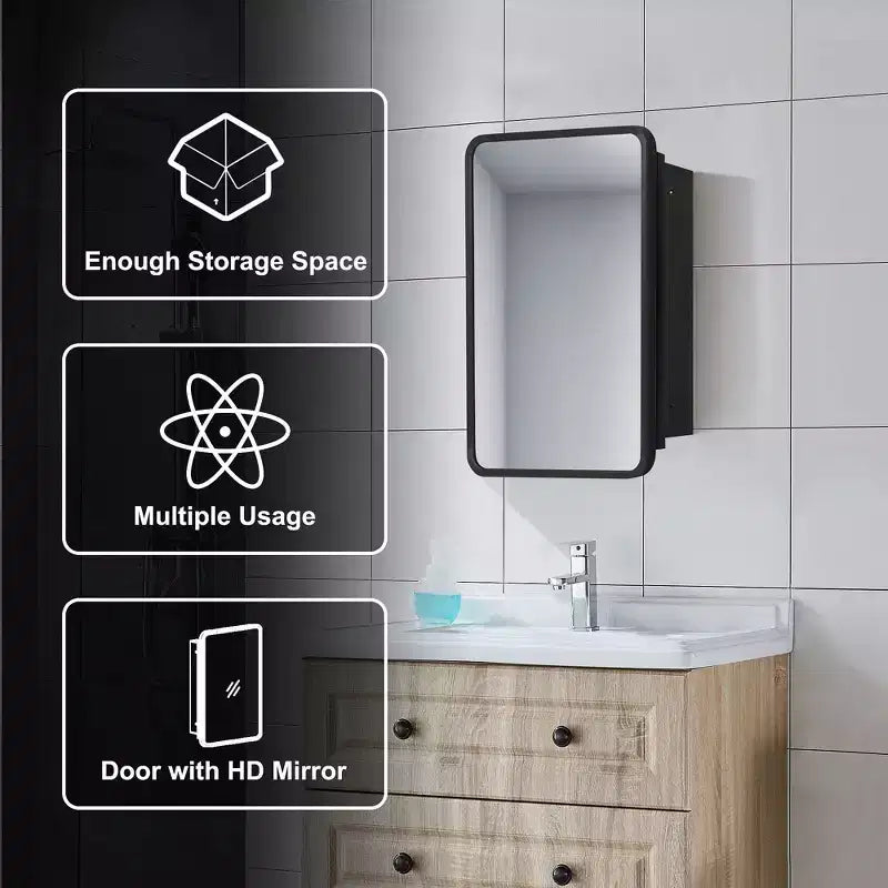 16 * 24 Inch Black Rectangular Bathroom Medicine Cabinet With Mirror