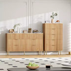 Fluted Wood Dresser 5 Drawers Dresser for Bedroom, Modern Chest of Drawers, Tall Brown Dresser with Faux Marble Top
