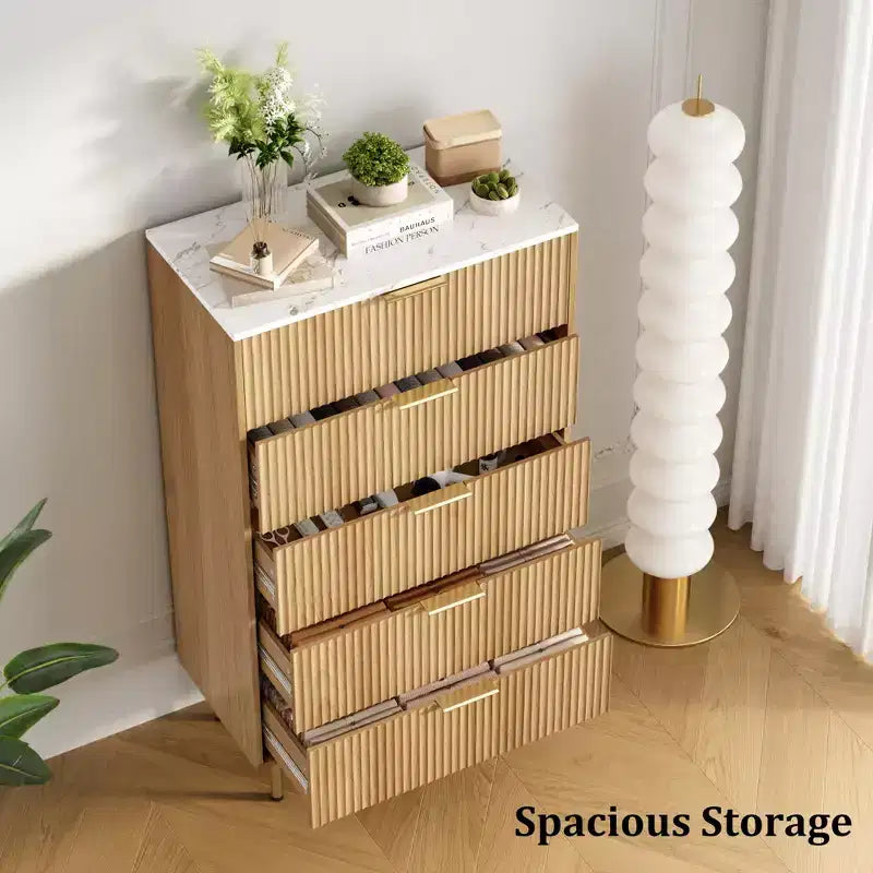 Fluted Wood Dresser 5 Drawers Dresser for Bedroom, Modern Chest of Drawers, Tall Brown Dresser with Faux Marble Top
