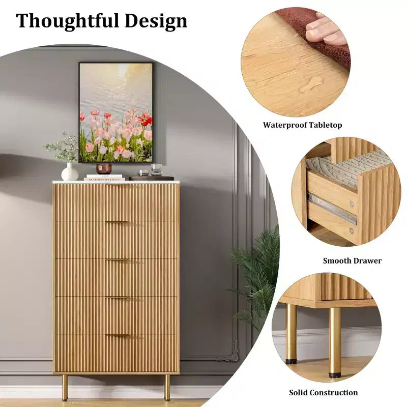 Fluted Wood Dresser 5 Drawers Dresser for Bedroom, Modern Chest of Drawers, Tall Brown Dresser with Faux Marble Top