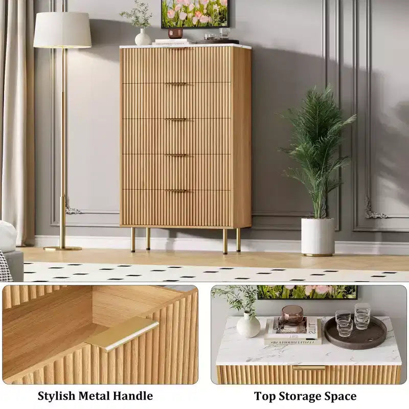 Fluted Wood Dresser 5 Drawers Dresser for Bedroom, Modern Chest of Drawers, Tall Brown Dresser with Faux Marble Top