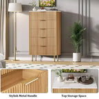 Fluted Wood Dresser 5 Drawers Dresser for Bedroom, Modern Chest of Drawers, Tall Brown Dresser with Faux Marble Top