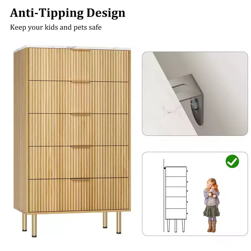 Fluted Wood Dresser 5 Drawers Dresser for Bedroom, Modern Chest of Drawers, Tall Brown Dresser with Faux Marble Top