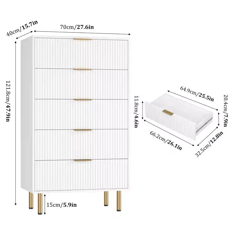 Fluted Wood Dresser 5 Drawers Dresser for Bedroom, Modern Chest of Drawers, Tall Brown Dresser with Faux Marble Top