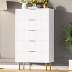 Fluted Wood Dresser 5 Drawers Dresser for Bedroom, Modern Chest of Drawers, Tall Brown Dresser with Faux Marble Top