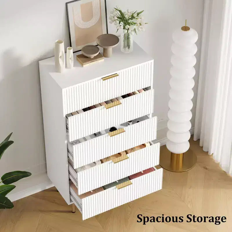 Fluted Wood Dresser 5 Drawers Dresser for Bedroom, Modern Chest of Drawers, Tall Brown Dresser with Faux Marble Top