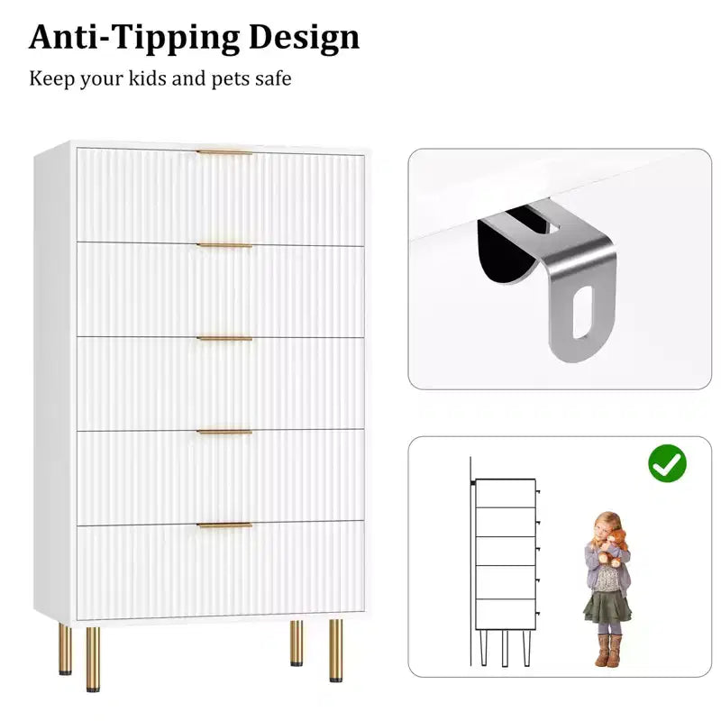 Fluted Wood Dresser 5 Drawers Dresser for Bedroom, Modern Chest of Drawers, Tall Brown Dresser with Faux Marble Top