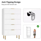 Fluted Wood Dresser 5 Drawers Dresser for Bedroom, Modern Chest of Drawers, Tall Brown Dresser with Faux Marble Top