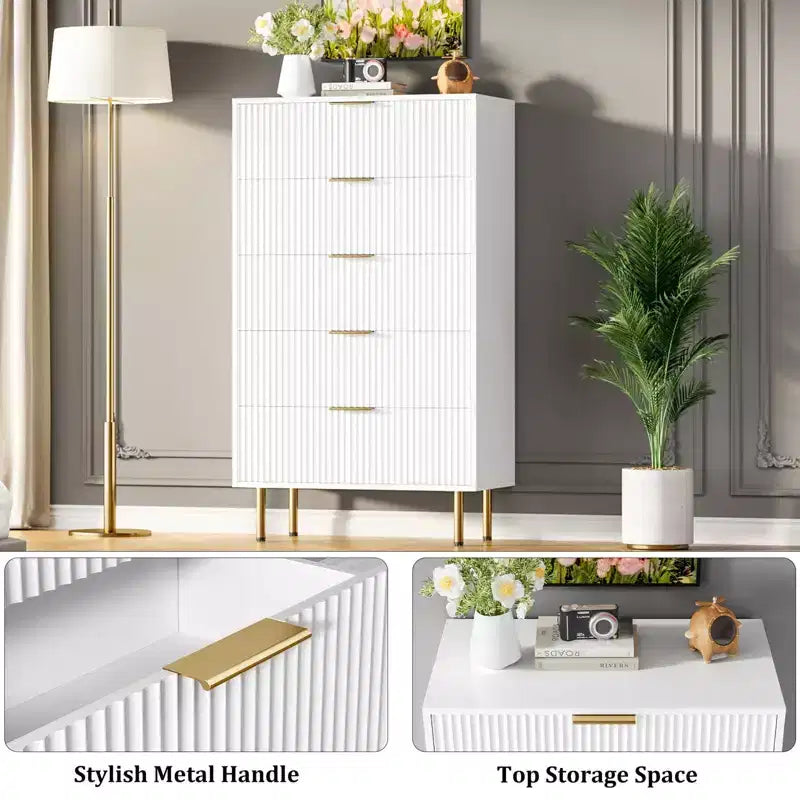 Fluted Wood Dresser 5 Drawers Dresser for Bedroom, Modern Chest of Drawers, Tall Brown Dresser with Faux Marble Top