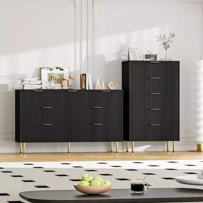 Fluted Wood Dresser 5 Drawers Dresser for Bedroom, Modern Chest of Drawers, Tall Brown Dresser with Faux Marble Top