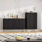 Fluted Wood Dresser 5 Drawers Dresser for Bedroom, Modern Chest of Drawers, Tall Brown Dresser with Faux Marble Top