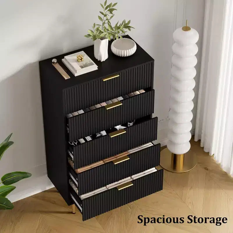 Fluted Wood Dresser 5 Drawers Dresser for Bedroom, Modern Chest of Drawers, Tall Brown Dresser with Faux Marble Top