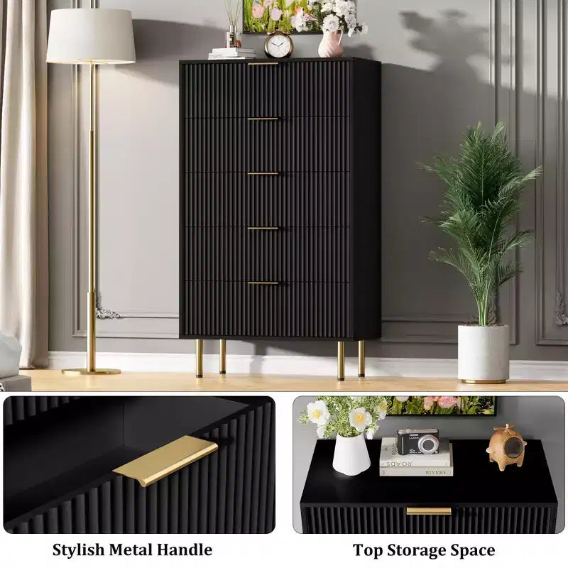 Fluted Wood Dresser 5 Drawers Dresser for Bedroom, Modern Chest of Drawers, Tall Brown Dresser with Faux Marble Top