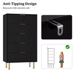 Fluted Wood Dresser 5 Drawers Dresser for Bedroom, Modern Chest of Drawers, Tall Brown Dresser with Faux Marble Top