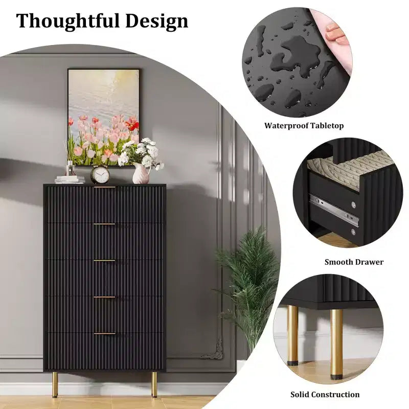 Fluted Wood Dresser 5 Drawers Dresser for Bedroom, Modern Chest of Drawers, Tall Brown Dresser with Faux Marble Top