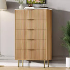 Fluted Wood Dresser 5 Drawers Dresser for Bedroom, Modern Chest of Drawers, Tall Brown Dresser with Faux Marble Top