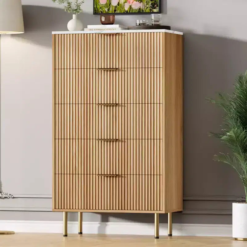 Fluted Wood Dresser 5 Drawers Dresser for Bedroom, Modern Chest of Drawers, Tall Brown Dresser with Faux Marble Top
