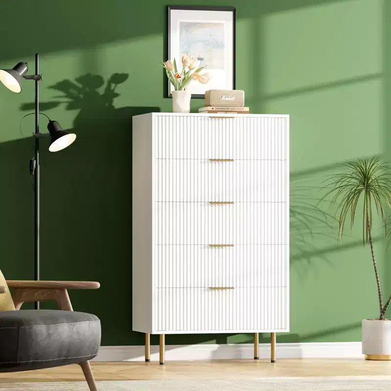 Fluted Wood Dresser 5 Drawers Dresser for Bedroom, Modern Chest of Drawers, Tall Brown Dresser with Faux Marble Top