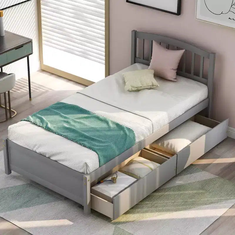 Twin Platform Storage Bed Wood Bed Frame with Two Drawers and Headboard White