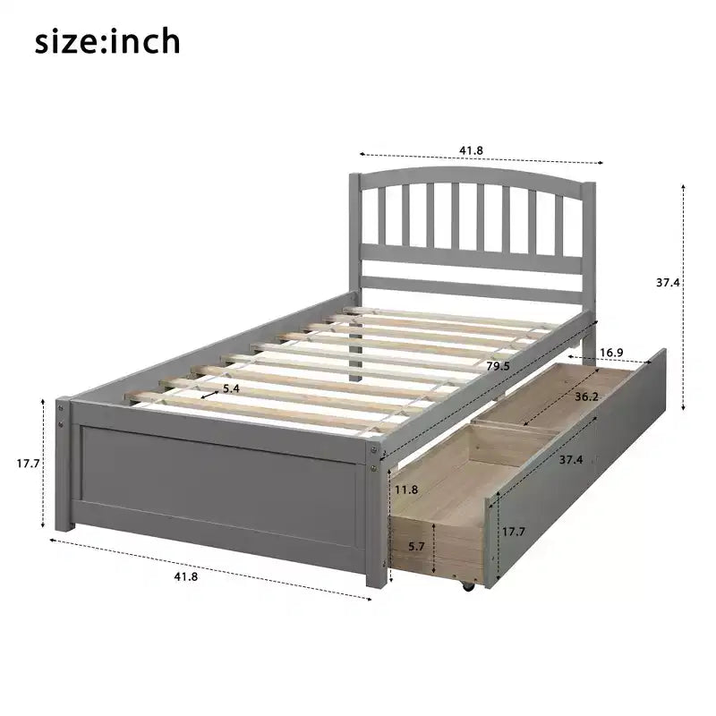Twin Platform Storage Bed Wood Bed Frame with Two Drawers and Headboard White