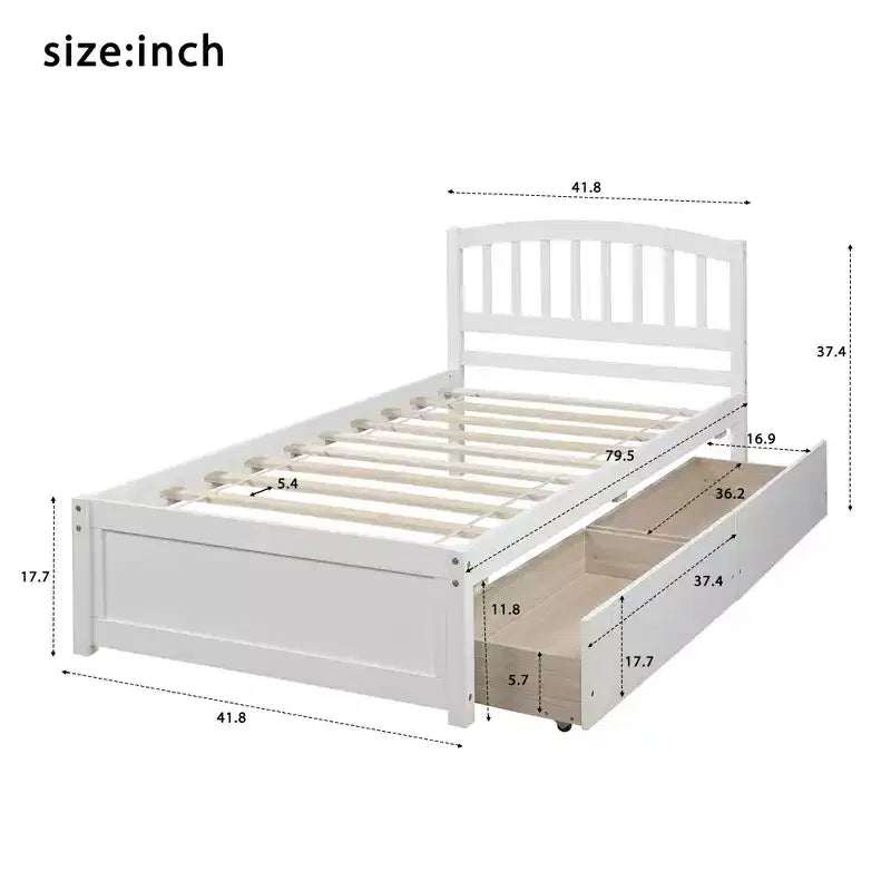Twin Platform Storage Bed Wood Bed Frame with Two Drawers and Headboard White