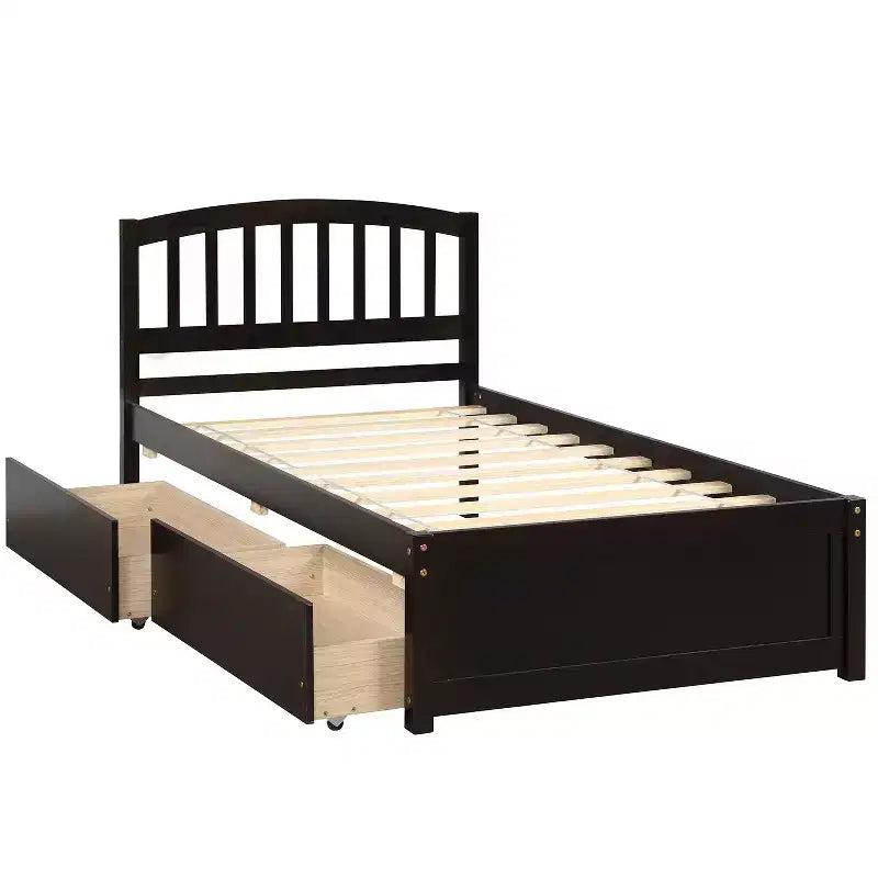 Twin Platform Storage Bed Wood Bed Frame with Two Drawers and Headboard White