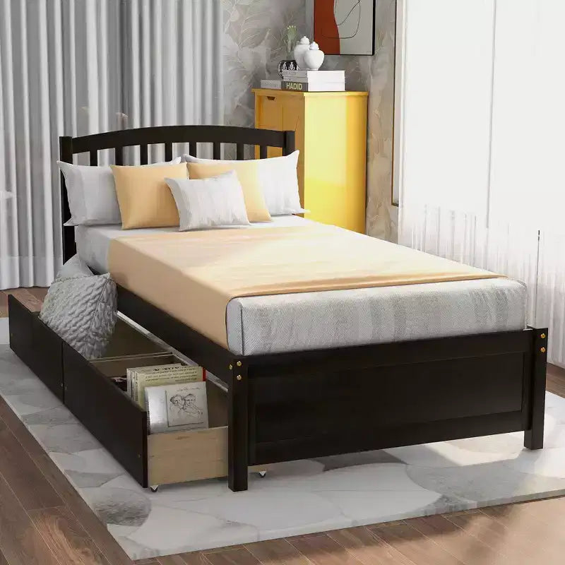 Twin Platform Storage Bed Wood Bed Frame with Two Drawers and Headboard White