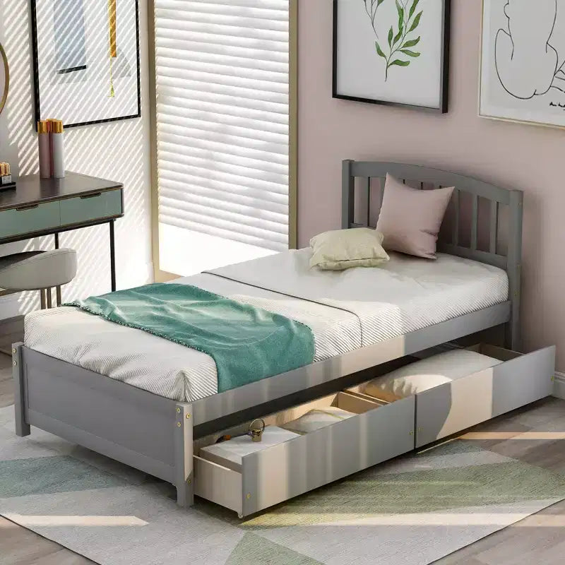 Twin Platform Storage Bed Wood Bed Frame with Two Drawers and Headboard White