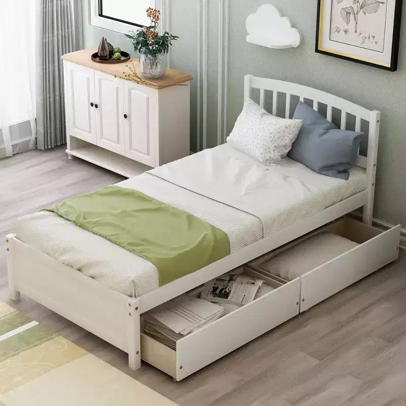 Twin Platform Storage Bed Wood Bed Frame with Two Drawers and Headboard White
