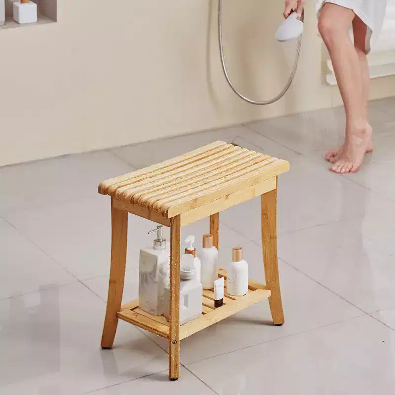 VEVOR Bamboo Shower Bench, 19.1 x 11.3 x 18.3 in, Waterproof Shower Stool Chair with Storage Shelf, 330lbs Load Capacity, Natural Bamboo