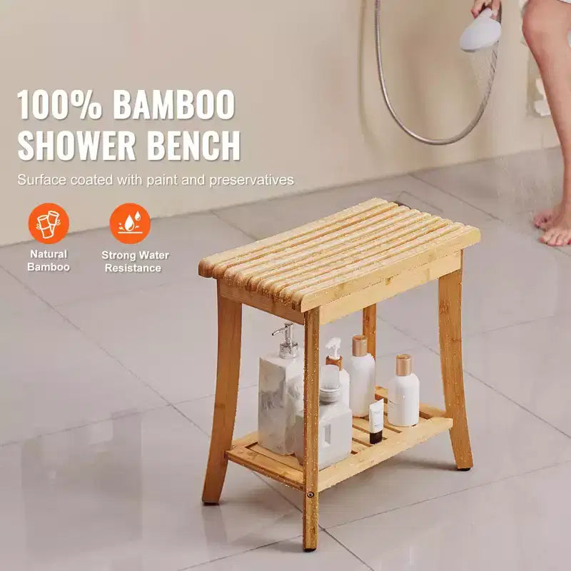 VEVOR Bamboo Shower Bench, 19.1 x 11.3 x 18.3 in, Waterproof Shower Stool Chair with Storage Shelf, 330lbs Load Capacity, Natural Bamboo