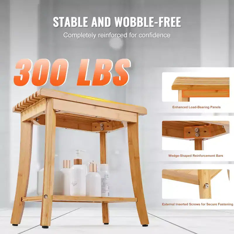 VEVOR Bamboo Shower Bench, 19.1 x 11.3 x 18.3 in, Waterproof Shower Stool Chair with Storage Shelf, 330lbs Load Capacity, Natural Bamboo