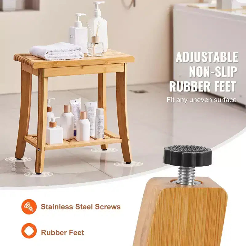 VEVOR Bamboo Shower Bench, 19.1 x 11.3 x 18.3 in, Waterproof Shower Stool Chair with Storage Shelf, 330lbs Load Capacity, Natural Bamboo