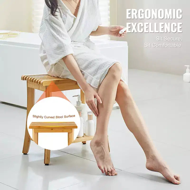 VEVOR Bamboo Shower Bench, 19.1 x 11.3 x 18.3 in, Waterproof Shower Stool Chair with Storage Shelf, 330lbs Load Capacity, Natural Bamboo