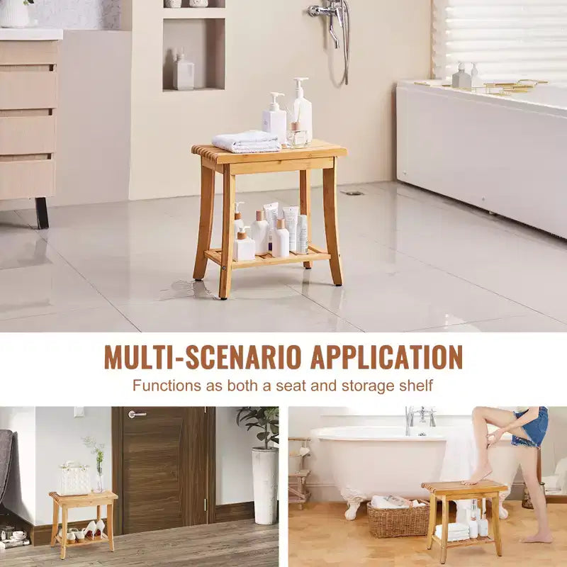 VEVOR Bamboo Shower Bench, 19.1 x 11.3 x 18.3 in, Waterproof Shower Stool Chair with Storage Shelf, 330lbs Load Capacity, Natural Bamboo