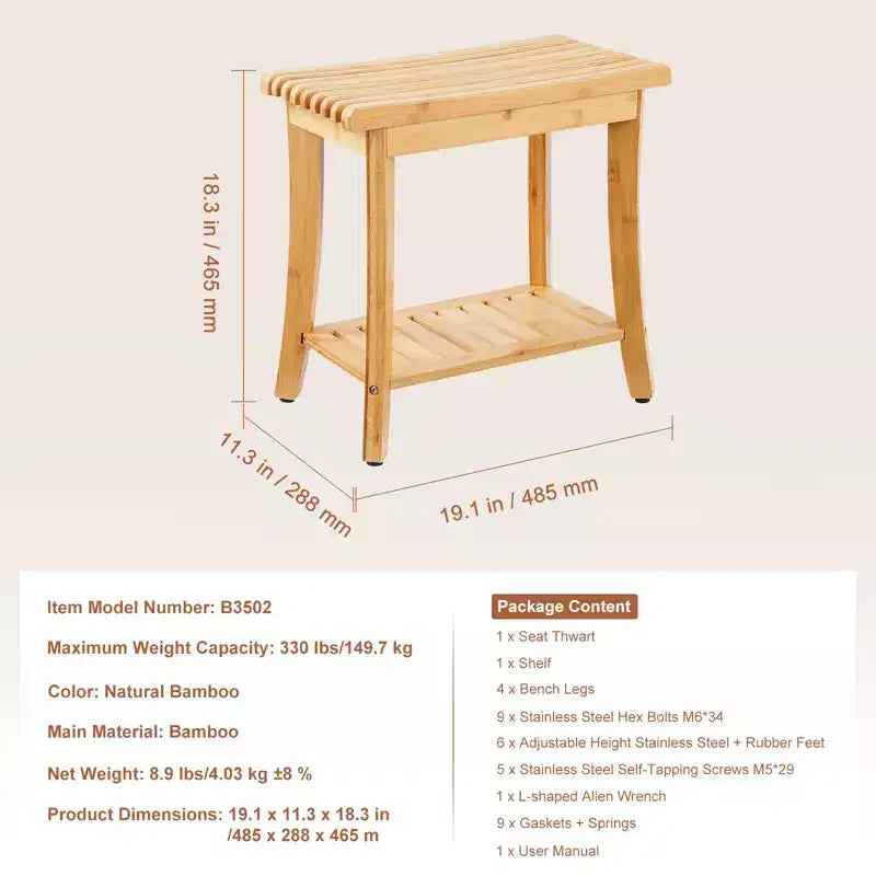 VEVOR Bamboo Shower Bench, 19.1 x 11.3 x 18.3 in, Waterproof Shower Stool Chair with Storage Shelf, 330lbs Load Capacity, Natural Bamboo