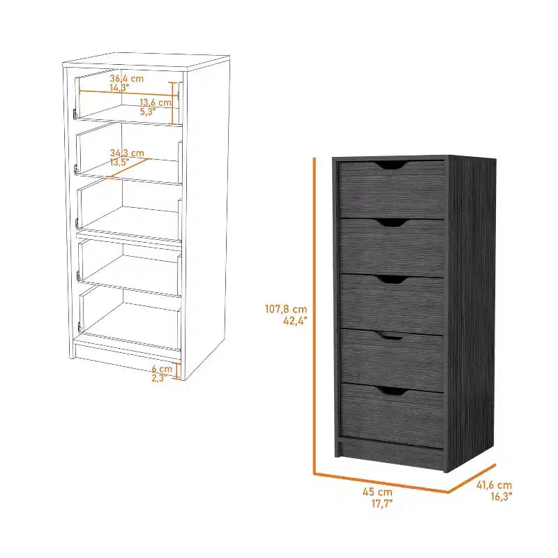 Okak Slim 5-Drawer Dresser Space-Efficient Storage with 25kg Total Capacity, Easy-Glide Drawers for Clothes, Toys Organization
