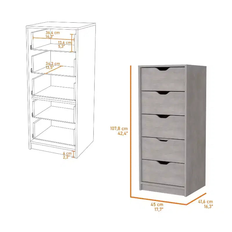 Okak Slim 5-Drawer Dresser Space-Efficient Storage with 25kg Total Capacity, Easy-Glide Drawers for Clothes, Toys Organization