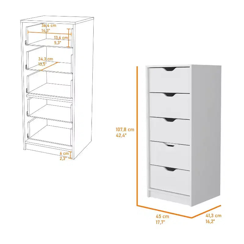 Okak Slim 5-Drawer Dresser Space-Efficient Storage with 25kg Total Capacity, Easy-Glide Drawers for Clothes, Toys Organization