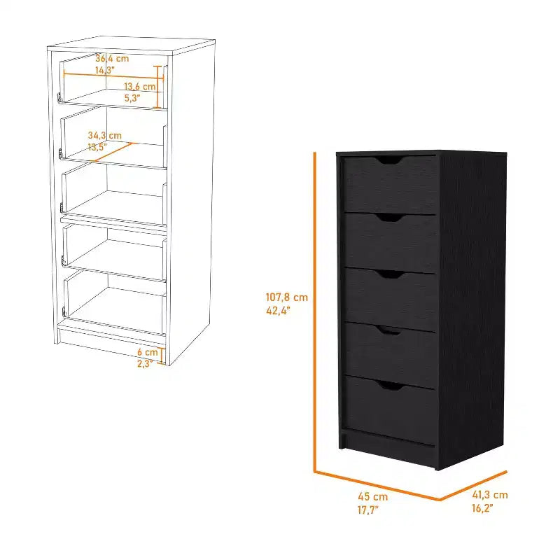 Okak Slim 5-Drawer Dresser Space-Efficient Storage with 25kg Total Capacity, Easy-Glide Drawers for Clothes, Toys Organization