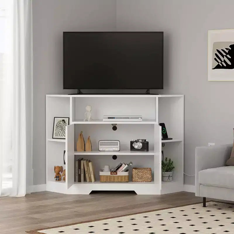 GustoWave Corner TV Stand, 45.3 Mid Century Modern TV Stand with Power Outlet & Storage for Living Room, Bedroom, White