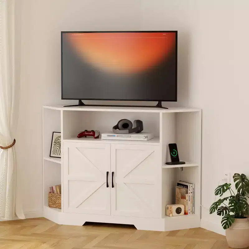 GustoWave Corner TV Stand, 45.3 Mid Century Modern TV Stand with Power Outlet & Storage for Living Room, Bedroom, White