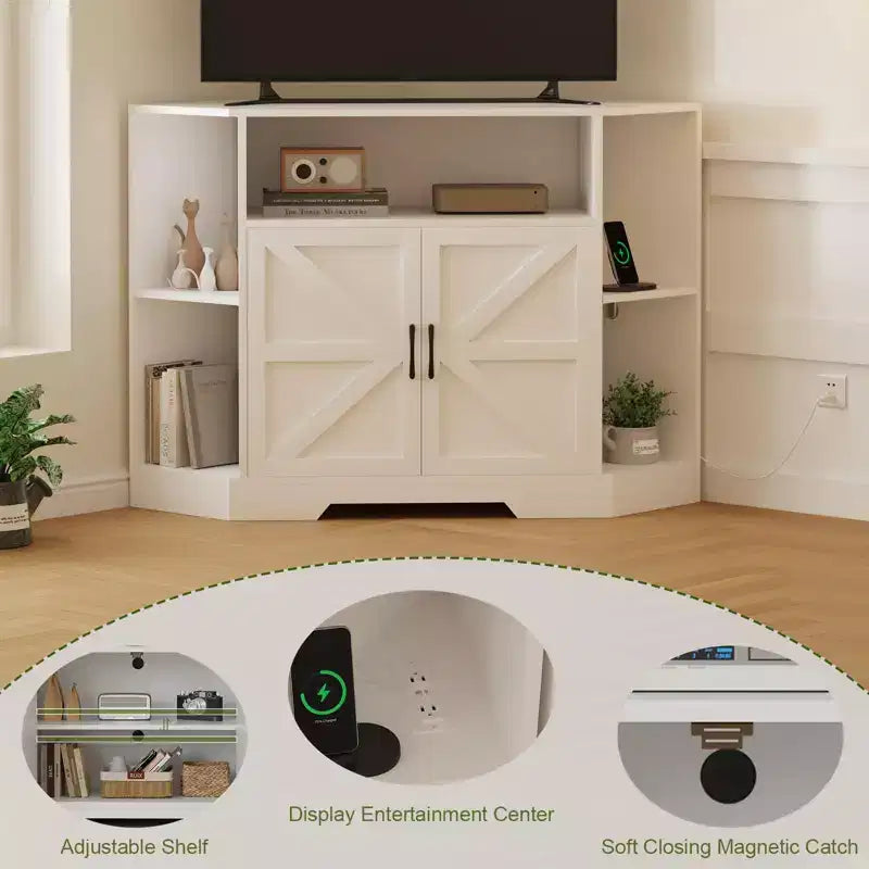 GustoWave Corner TV Stand, 45.3 Mid Century Modern TV Stand with Power Outlet & Storage for Living Room, Bedroom, White