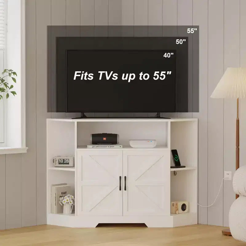 GustoWave Corner TV Stand, 45.3 Mid Century Modern TV Stand with Power Outlet & Storage for Living Room, Bedroom, White
