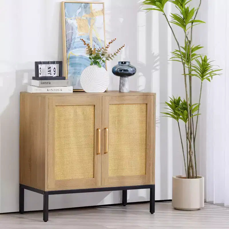 LIKEPAY Rattan Buffet 2-Door Storage Sideboard Cabinet with Adjustable Legs
