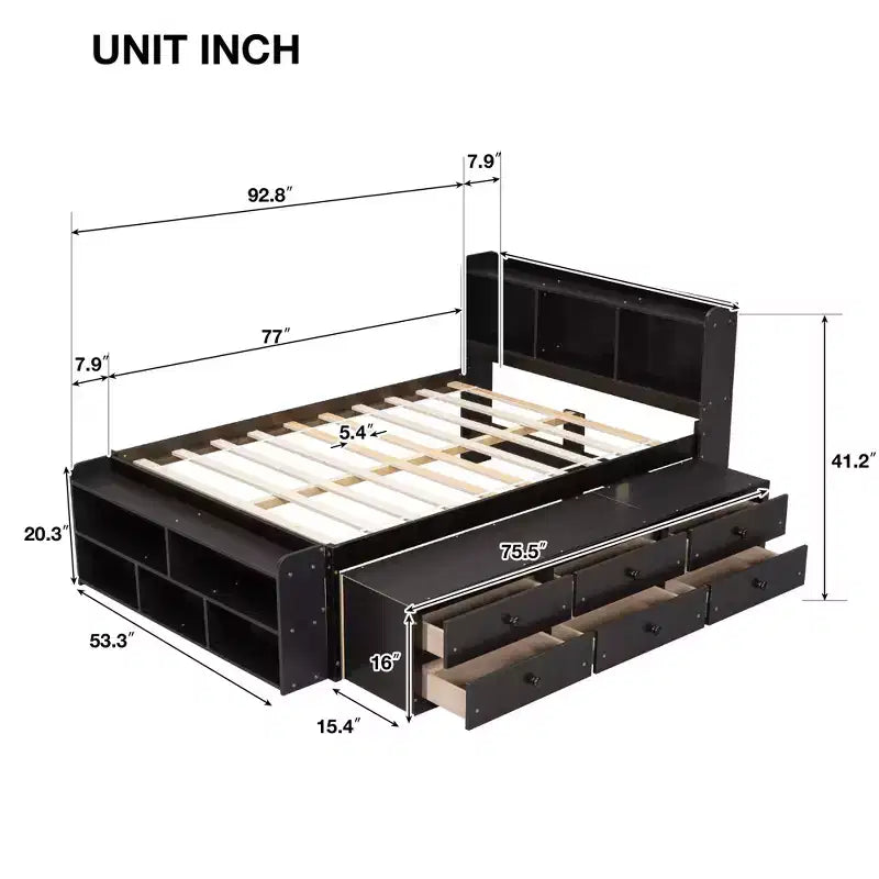 Whisen Full Bed with Bookcase Headboard & Storage